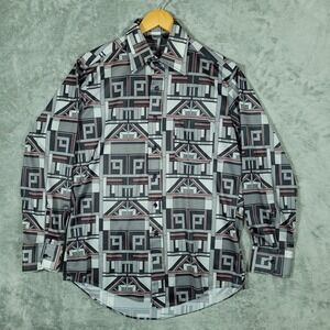 Vintage Kingsport Button Up Mens M Disco Gray Geometric Architectural Print 70s